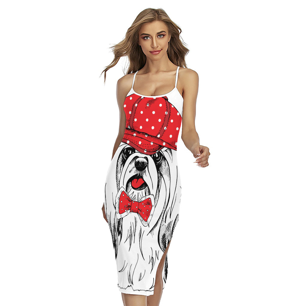 Red Cap Yorkshire Terrier Print Cross Back Cami Dress