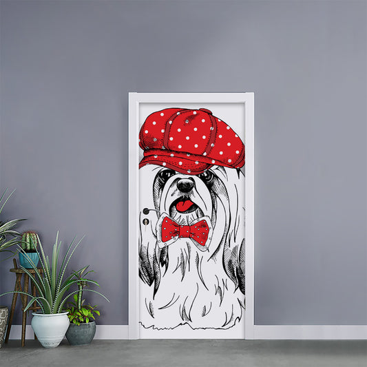 Red Cap Yorkshire Terrier Print Door Sticker