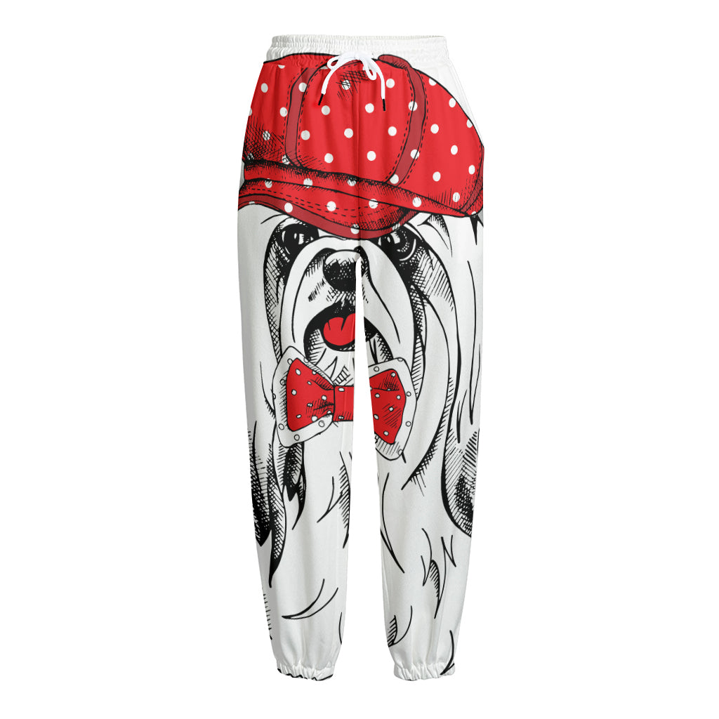 Red Cap Yorkshire Terrier Print Fleece Lined Knit Pants
