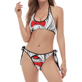 Red Cap Yorkshire Terrier Print Halter Scoop Tie Side Bikini
