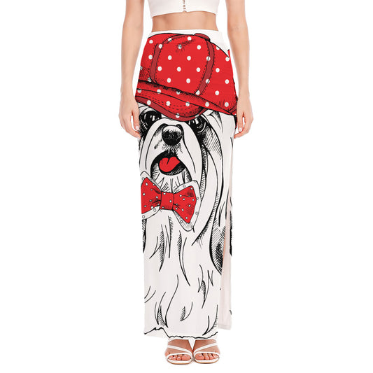 Red Cap Yorkshire Terrier Print High Slit Maxi Skirt