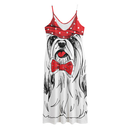 Red Cap Yorkshire Terrier Print Jersey Midi Cami Dress