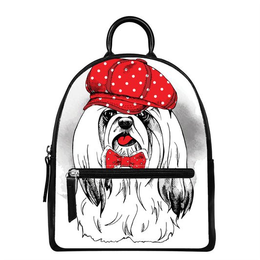 Red Cap Yorkshire Terrier Print Leather Backpack