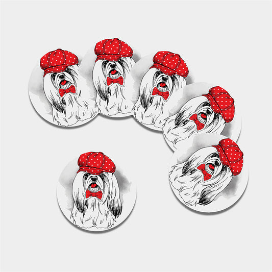Red Cap Yorkshire Terrier Print Leather Coaster Set