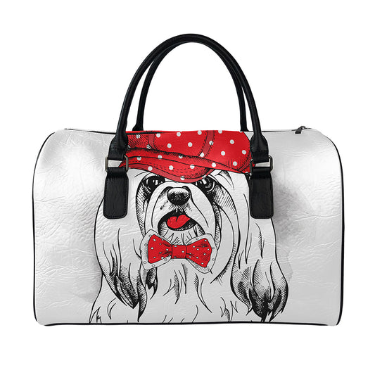 Red Cap Yorkshire Terrier Print Leather Duffle Bag