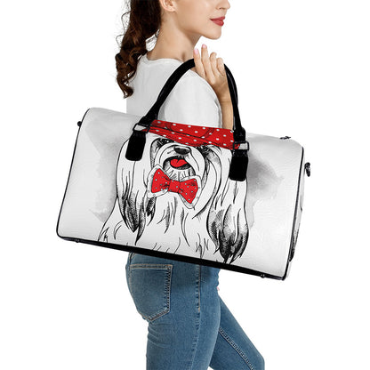 Red Cap Yorkshire Terrier Print Leather Duffle Bag