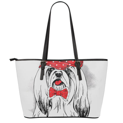 Red Cap Yorkshire Terrier Print Leather Tote Bag