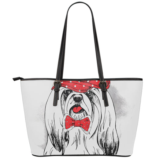 Red Cap Yorkshire Terrier Print Leather Tote Bag