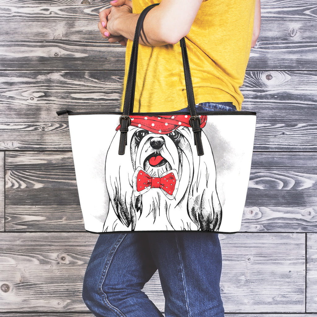 Red Cap Yorkshire Terrier Print Leather Tote Bag