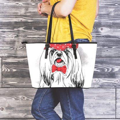 Red Cap Yorkshire Terrier Print Leather Tote Bag