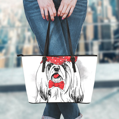 Red Cap Yorkshire Terrier Print Leather Tote Bag