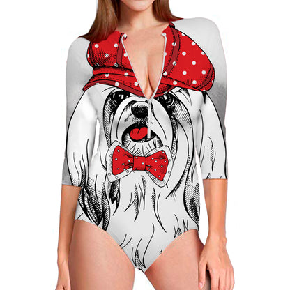 Red Cap Yorkshire Terrier Print Long Sleeve Swimsuit