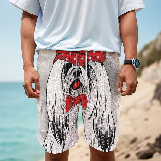 Red Cap Yorkshire Terrier Print Men's Cargo Shorts