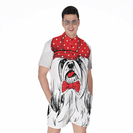 Red Cap Yorkshire Terrier Print Men's Rompers