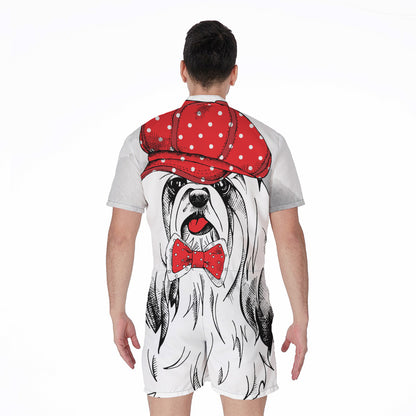 Red Cap Yorkshire Terrier Print Men's Rompers