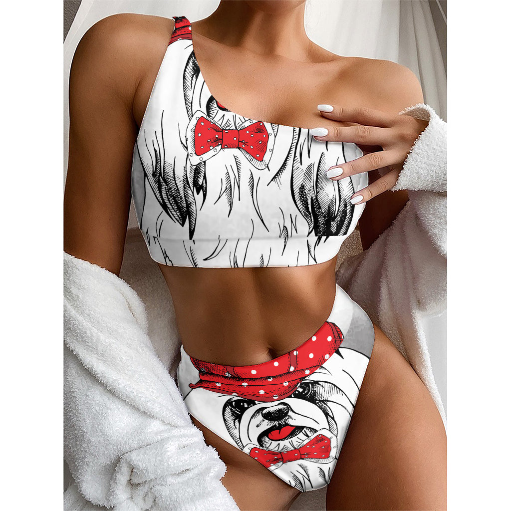 Red Cap Yorkshire Terrier Print One Shoulder Bikini Top