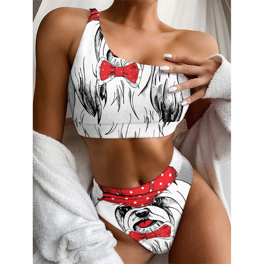 Red Cap Yorkshire Terrier Print One Shoulder Bikini Top