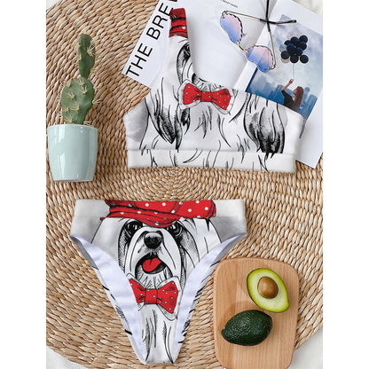 Red Cap Yorkshire Terrier Print One Shoulder Bikini Top
