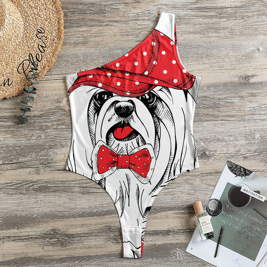Red Cap Yorkshire Terrier Print One Shoulder Bodysuit