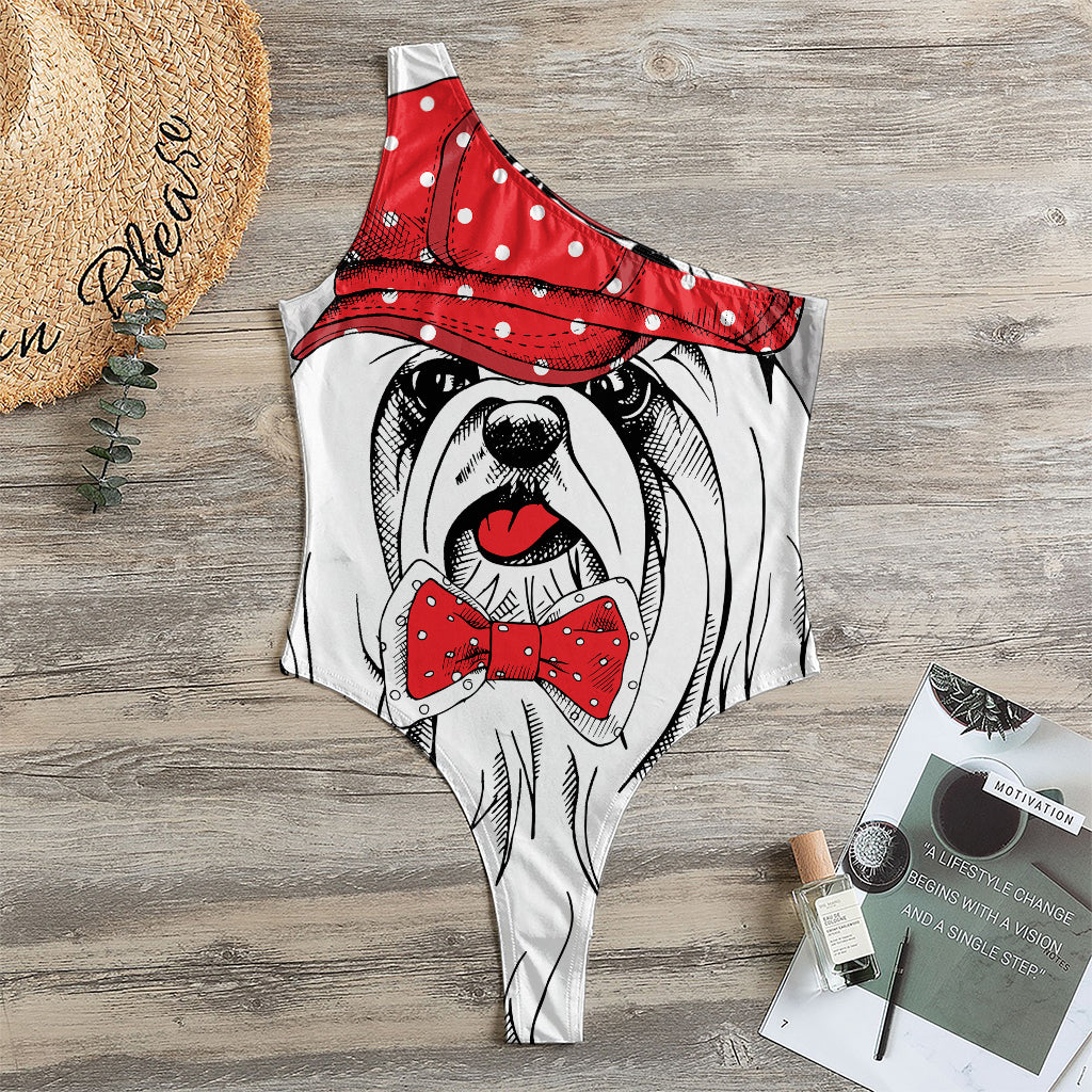 Red Cap Yorkshire Terrier Print One Shoulder Bodysuit
