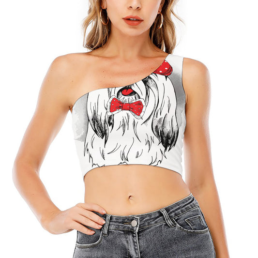 Red Cap Yorkshire Terrier Print One Shoulder Crop Top