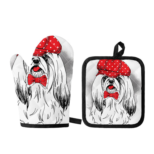 Red Cap Yorkshire Terrier Print Oven Mitt And Pot Holder Set
