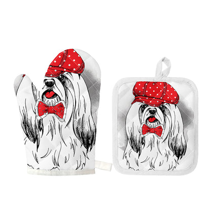 Red Cap Yorkshire Terrier Print Oven Mitt And Pot Holder Set