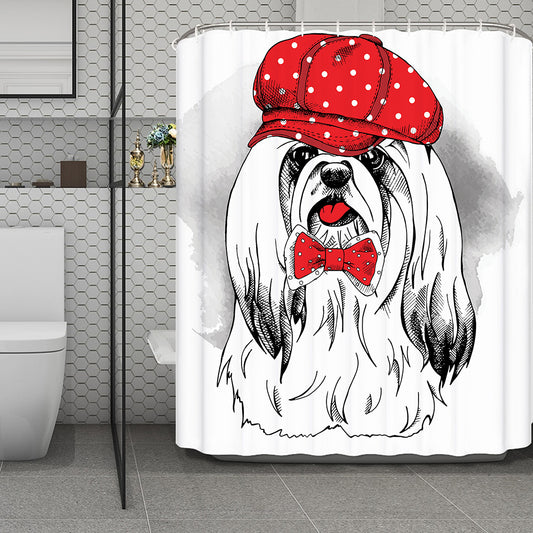 Red Cap Yorkshire Terrier Print Polyester Shower Curtain