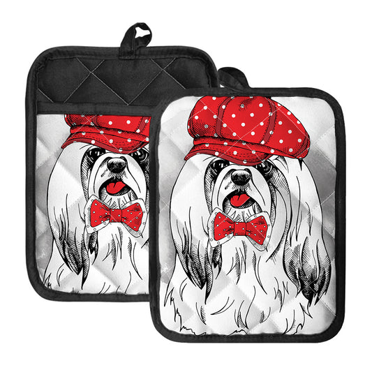 Red Cap Yorkshire Terrier Print Pot Holders With Pocket
