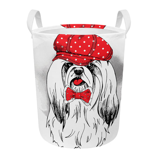 Red Cap Yorkshire Terrier Print Round Laundry Basket