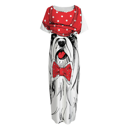 Red Cap Yorkshire Terrier Print Short Sleeve Long Nightdress