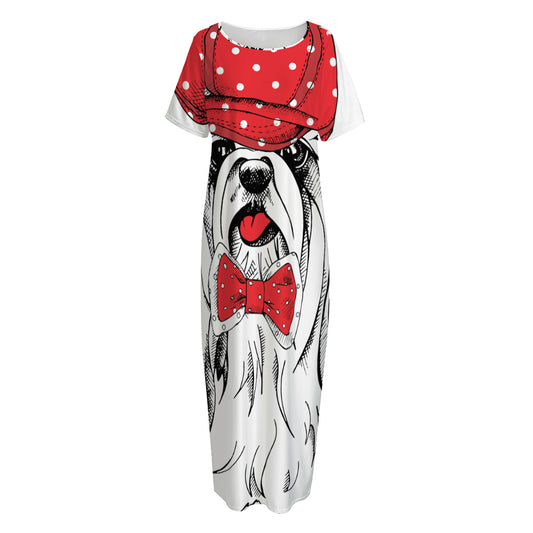 Red Cap Yorkshire Terrier Print Short Sleeve Long Nightdress