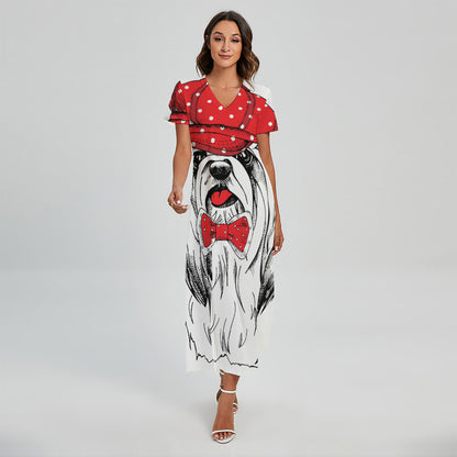 Red Cap Yorkshire Terrier Print Short Sleeve Maxi Dress