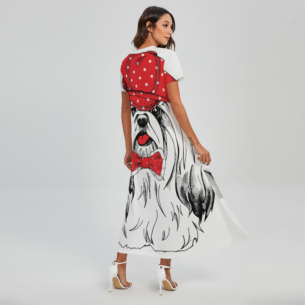 Red Cap Yorkshire Terrier Print Short Sleeve Maxi Dress