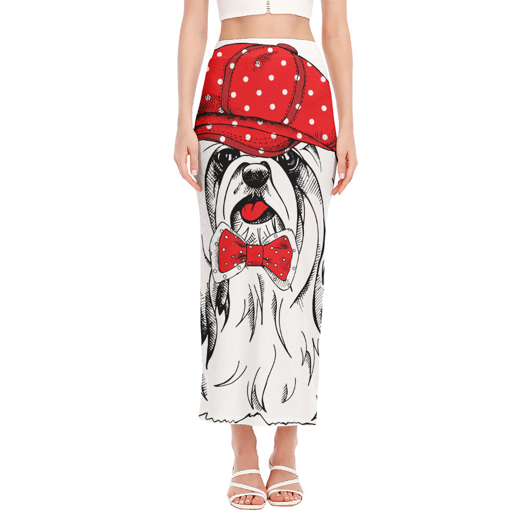 Red Cap Yorkshire Terrier Print Side Slit Maxi Skirt