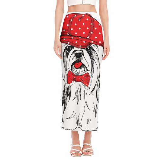 Red Cap Yorkshire Terrier Print Side Slit Maxi Skirt