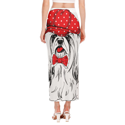 Red Cap Yorkshire Terrier Print Side Slit Maxi Skirt