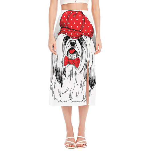 Red Cap Yorkshire Terrier Print Side Slit Midi Skirt