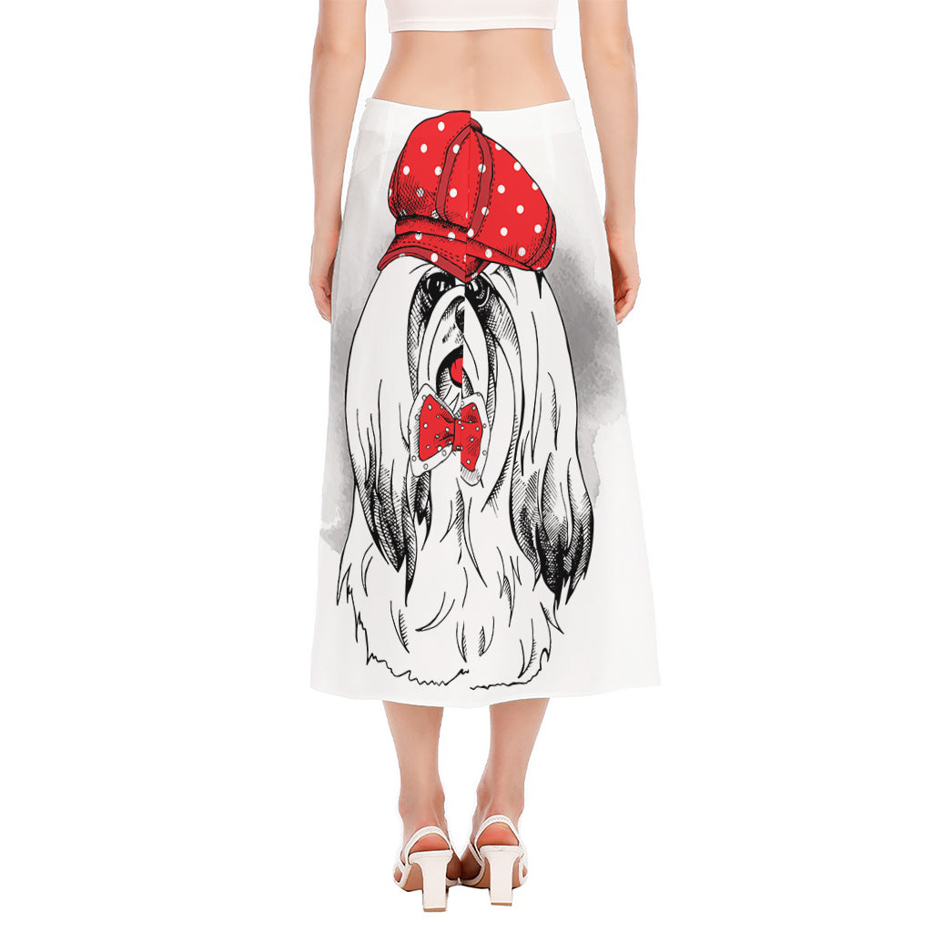 Red Cap Yorkshire Terrier Print Side Slit Midi Skirt