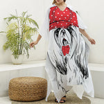 Red Cap Yorkshire Terrier Print Silk V-Neck Kaftan Dress
