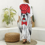 Red Cap Yorkshire Terrier Print Silk V-Neck Kaftan Dress