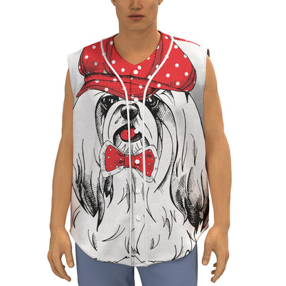 Red Cap Yorkshire Terrier Print Sleeveless Baseball Jersey