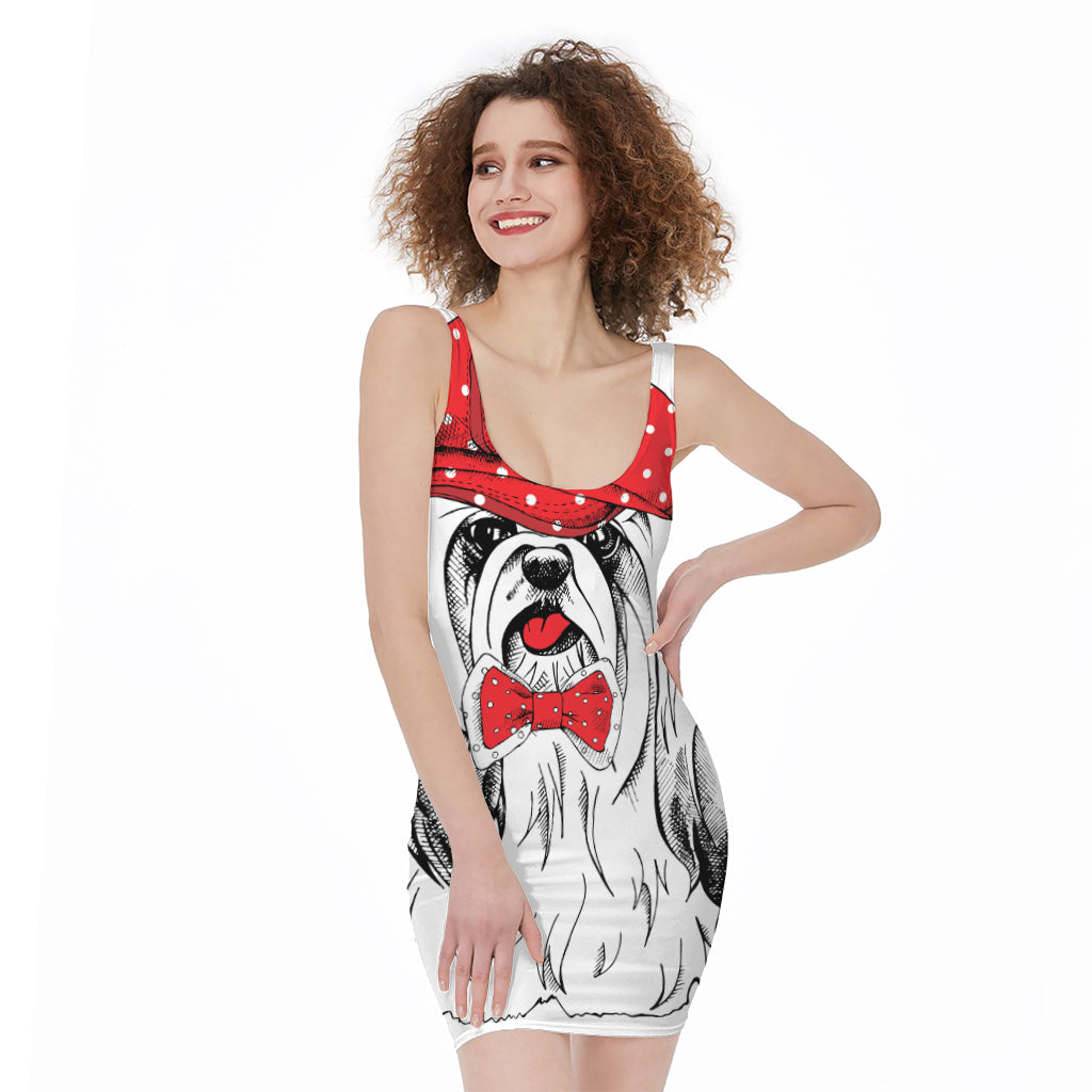 Red Cap Yorkshire Terrier Print Sleeveless Bodycon Dress