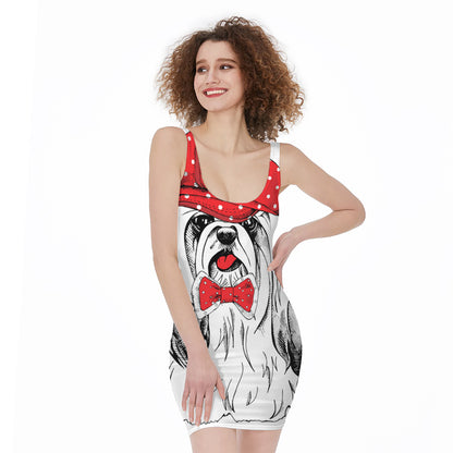 Red Cap Yorkshire Terrier Print Sleeveless Bodycon Dress