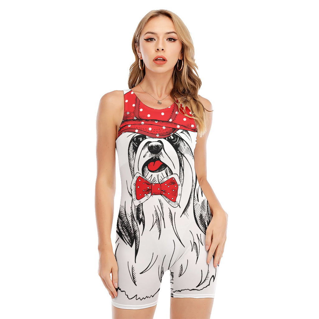 Red Cap Yorkshire Terrier Print Sleeveless One Piece Swimsuit