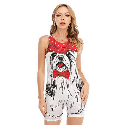 Red Cap Yorkshire Terrier Print Sleeveless One Piece Swimsuit