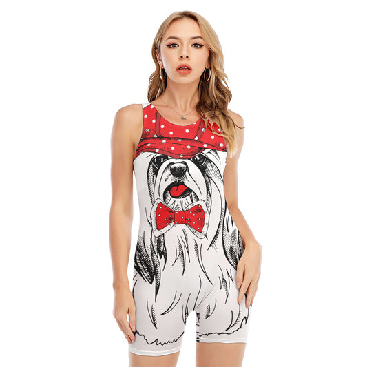 Red Cap Yorkshire Terrier Print Sleeveless One Piece Swimsuit