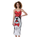 Red Cap Yorkshire Terrier Print Slim Fit Midi Cami Dress