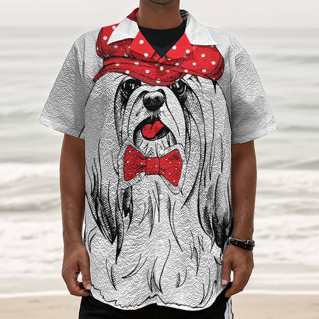 Red Cap Yorkshire Terrier Print Textured Short Sleeve Shirt