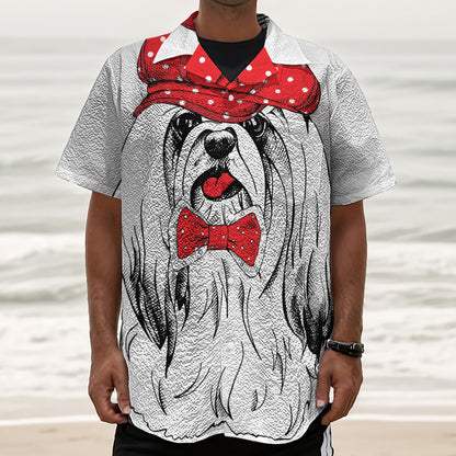 Red Cap Yorkshire Terrier Print Textured Short Sleeve Shirt